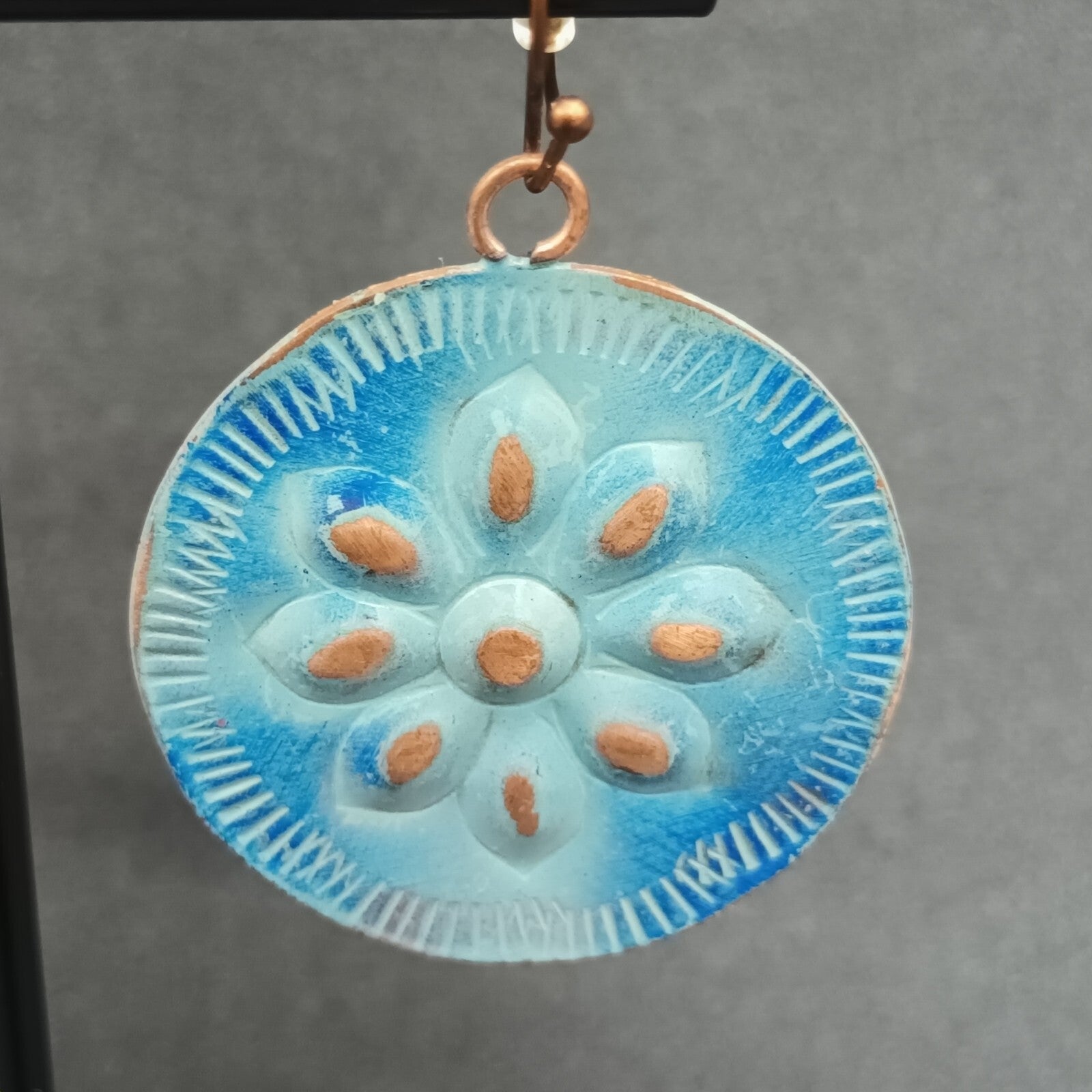 Pierced Earrings Copper tone Blue Enamel Flower Embossed Discs Dangle Boho 1.25"