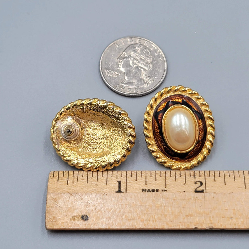 Vintage White Cabochon Pierced Earrings Enamel Yellow Gold Plated Drop 1 1/8"