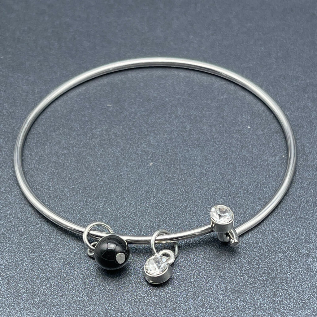 Silver tone Bangle Charm Bracelet Black Bead Charm Rhinestone 2 1/2"