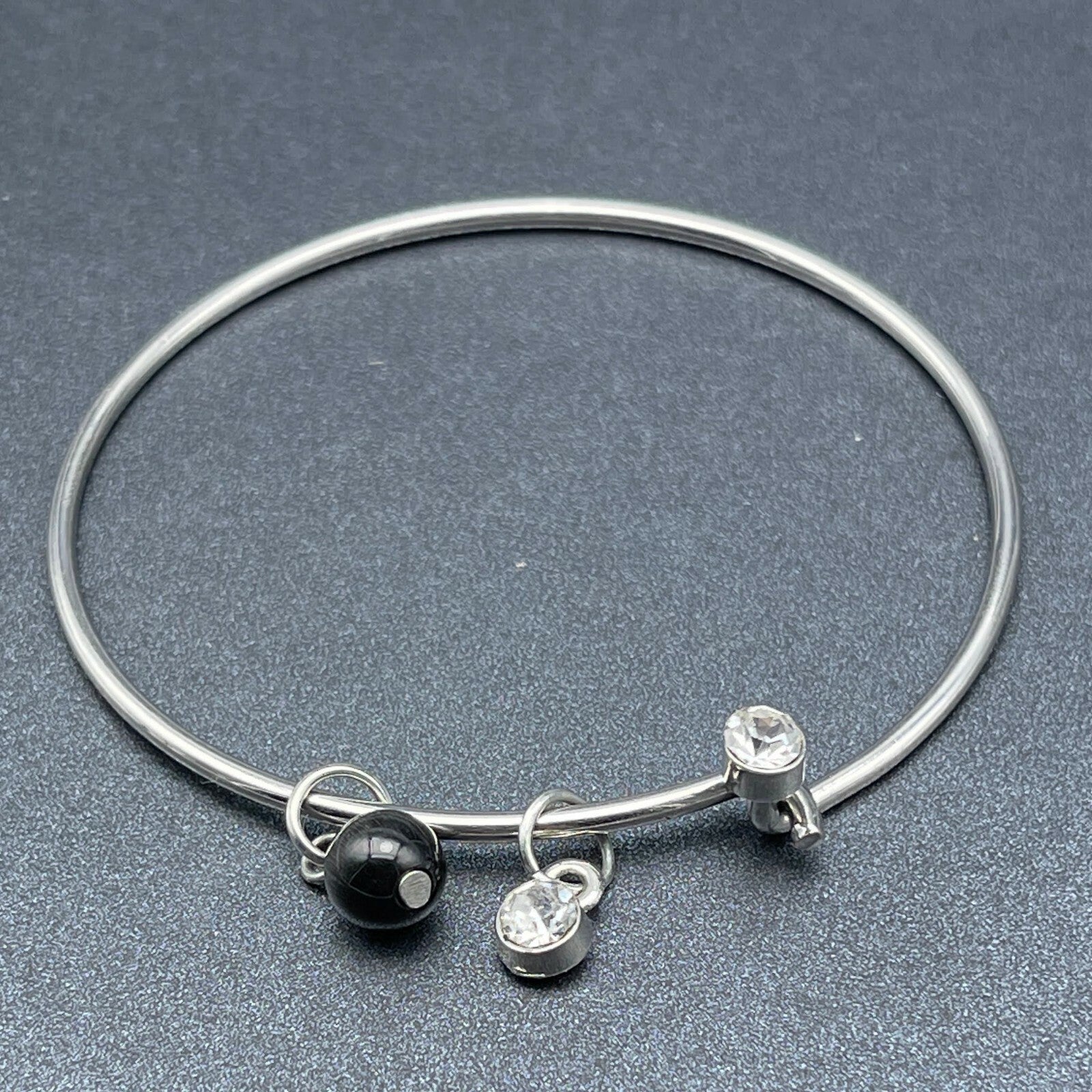 Silver tone Bangle Charm Bracelet Black Bead Charm Rhinestone 2 1/2"