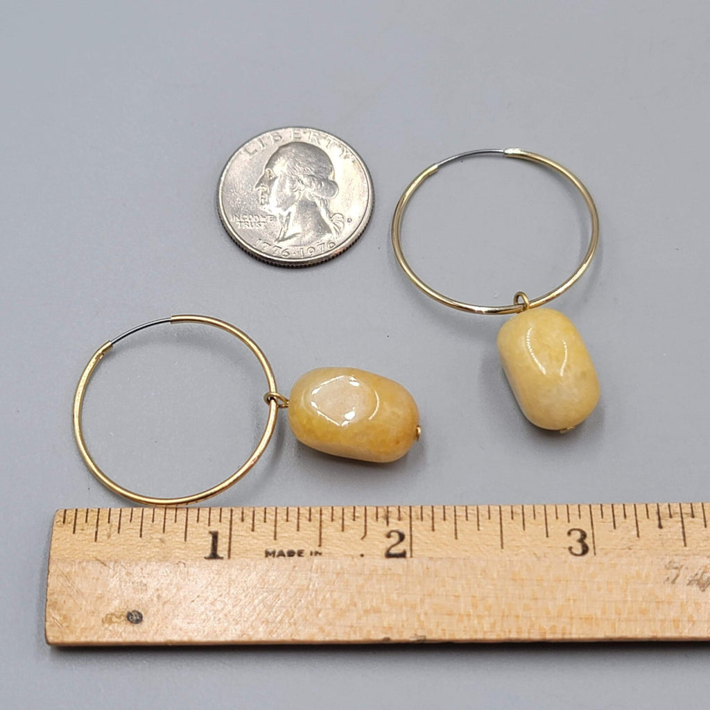 Agate Stone Bead Pierced Earrings Gold tone Hoops 2"