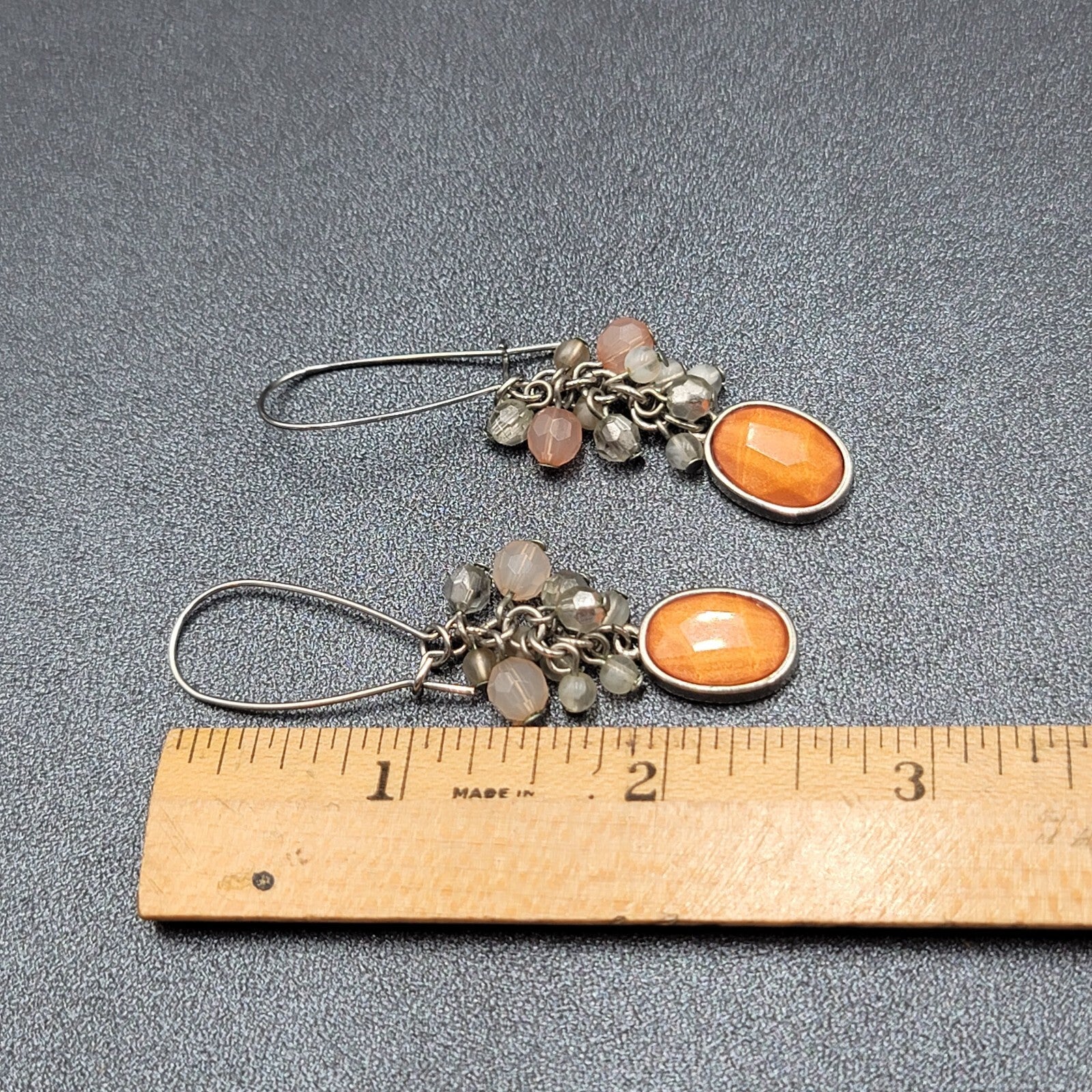 Pierced Earrings Silver tone Cluster Bead Orange Dangle 2.5"