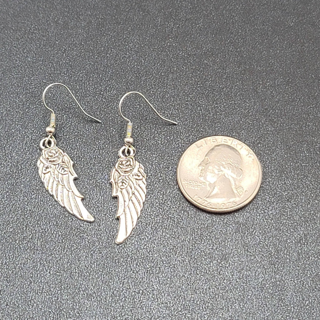 Wings Pierced Earrings Silver tone Rose Dangle 1 1/8"