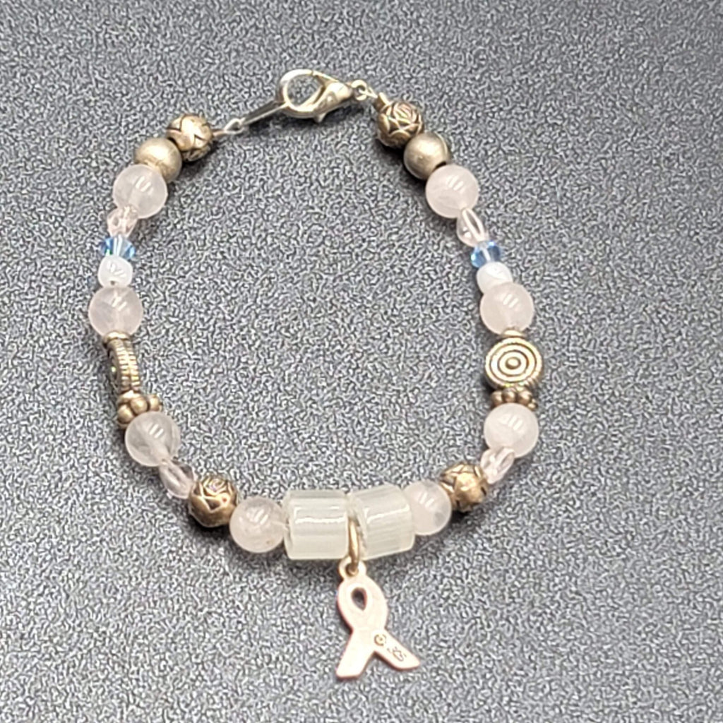 Sterling Breast Cancer Awareness Charm Bracelet Silver tone Beaded 7"