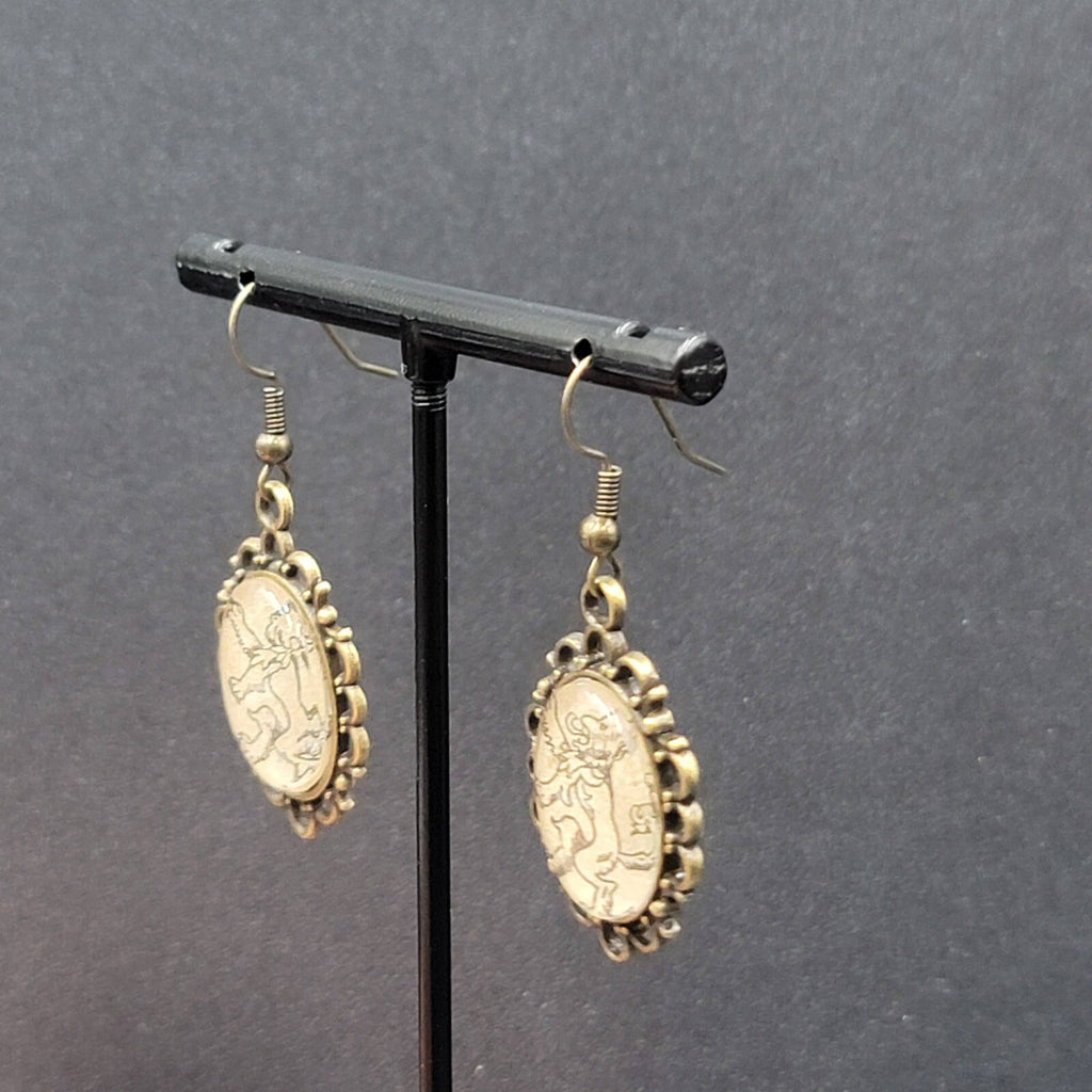 Lions Pierced Earrings Bronze tone Glass Cabochon Dangle 1.25"