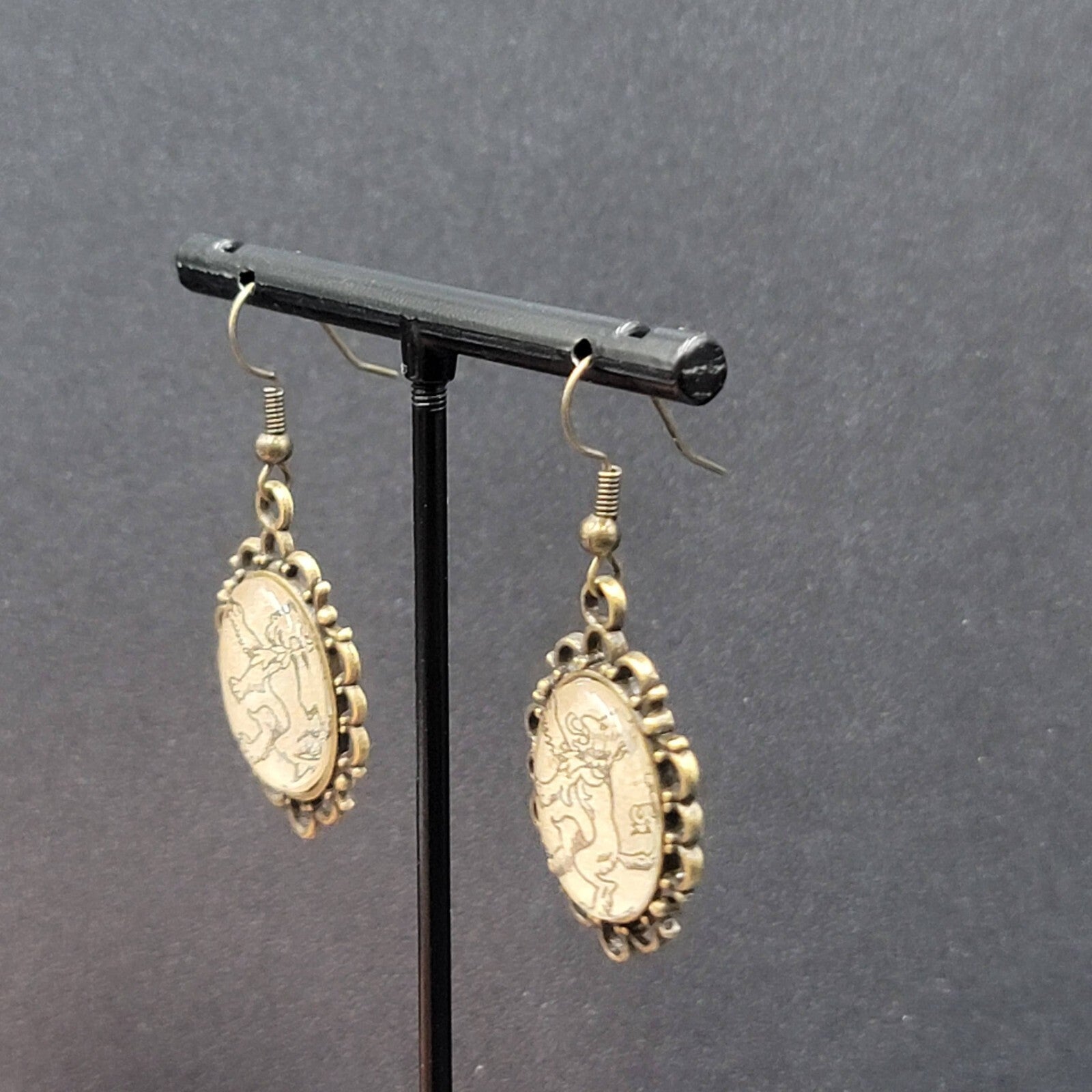 Lions Pierced Earrings Bronze tone Glass Cabochon Dangle 1.25"