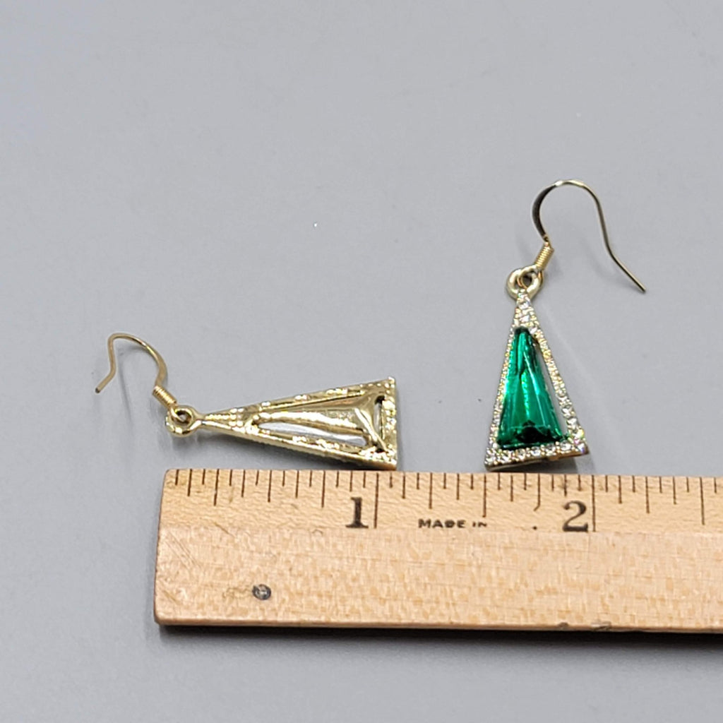 Green Rhinestone Triangle Pierced Earrings Gold tone Dangle 7/8"