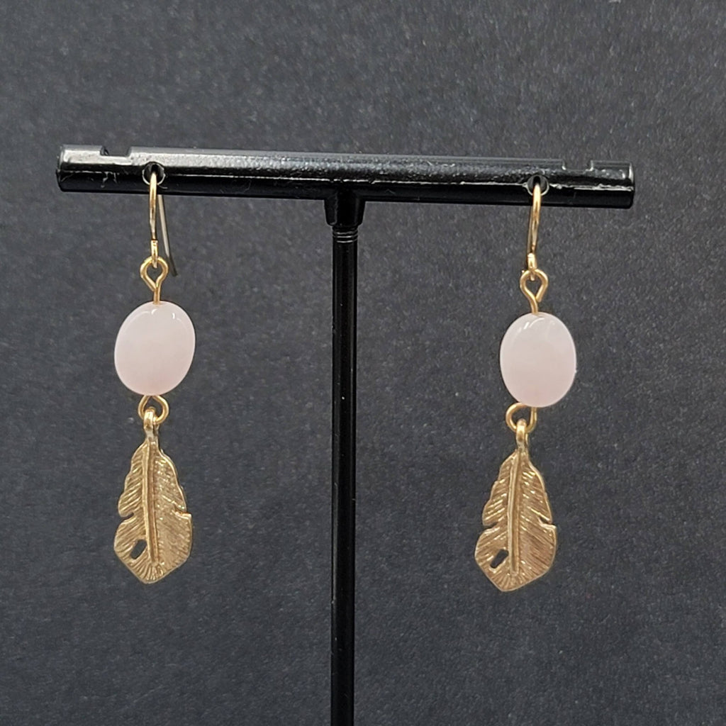 Pierced Earrings Gold tone Pink Quartz Metal Feather Dangle 1 3/8"