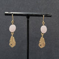 Pierced Earrings Gold tone Pink Quartz Metal Feather Dangle 1 3/8"