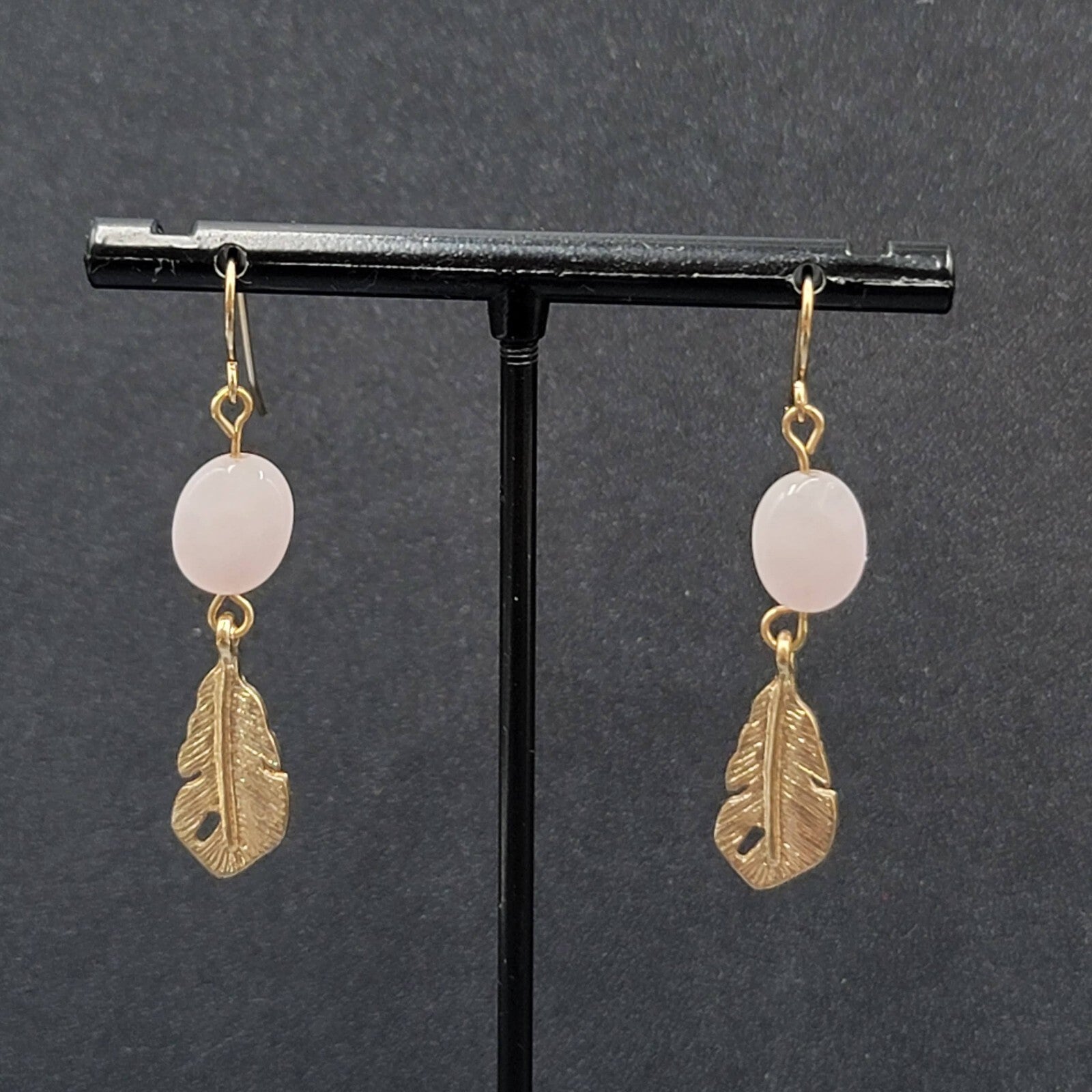 Pierced Earrings Gold tone Pink Quartz Metal Feather Dangle 1 3/8"