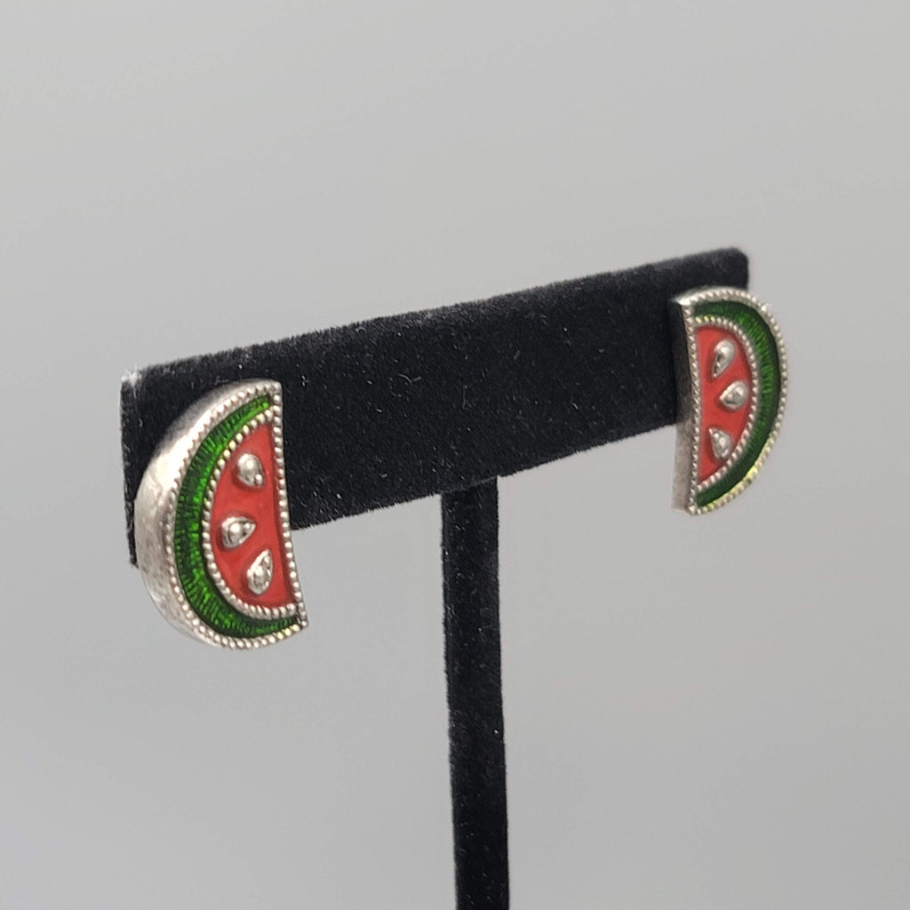 Avon Watermelon Pierced Earrings Enamel Silver tone Drop 3/4"