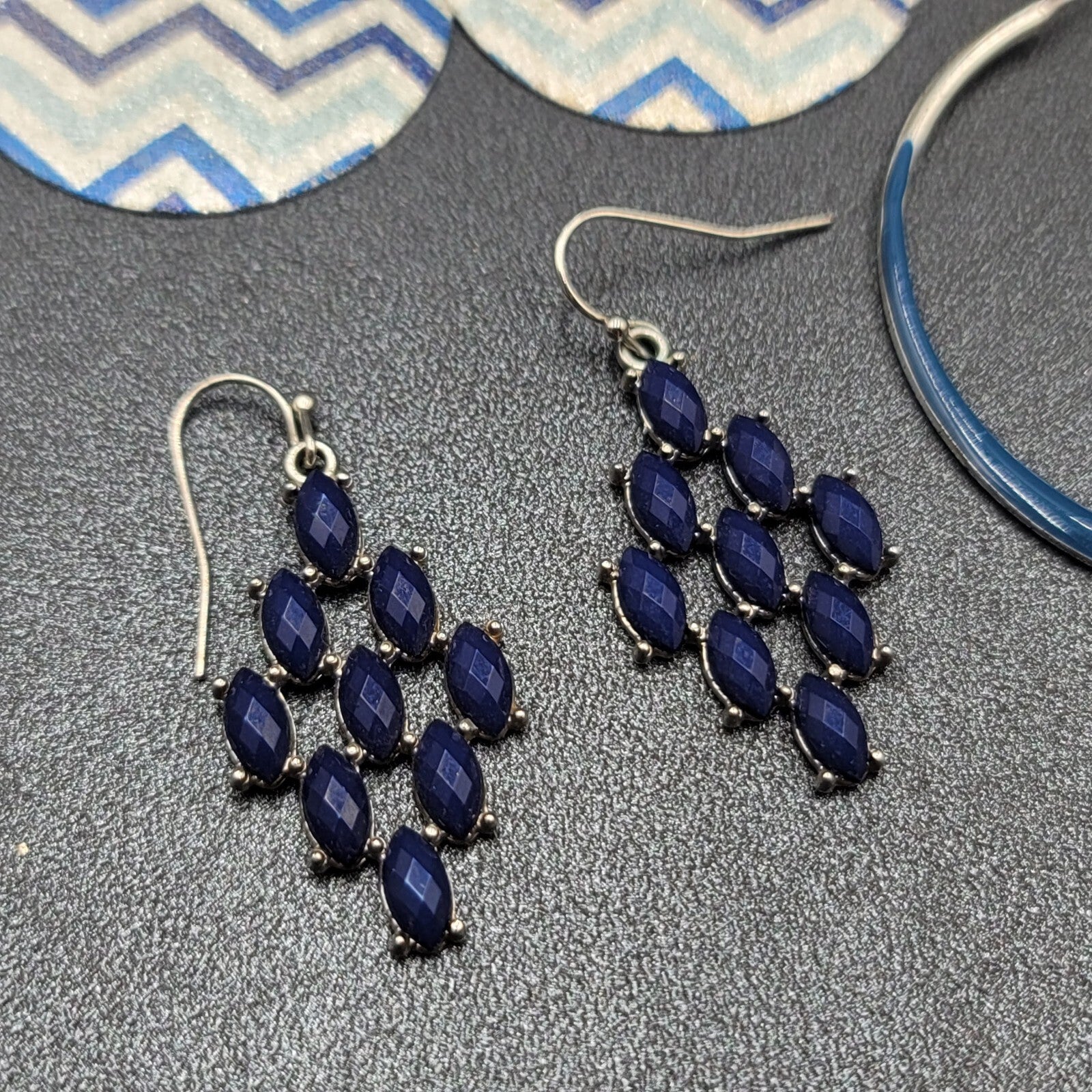 Lot of 3 Pierced Earrings Silver tone Blue Hoops Dangle