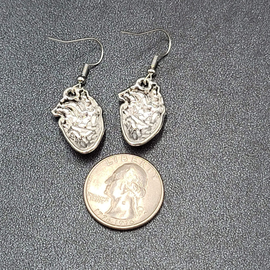 New Anatomical Heart Pierced Earrings Silver tone Red Goth Rock Dangle 1"