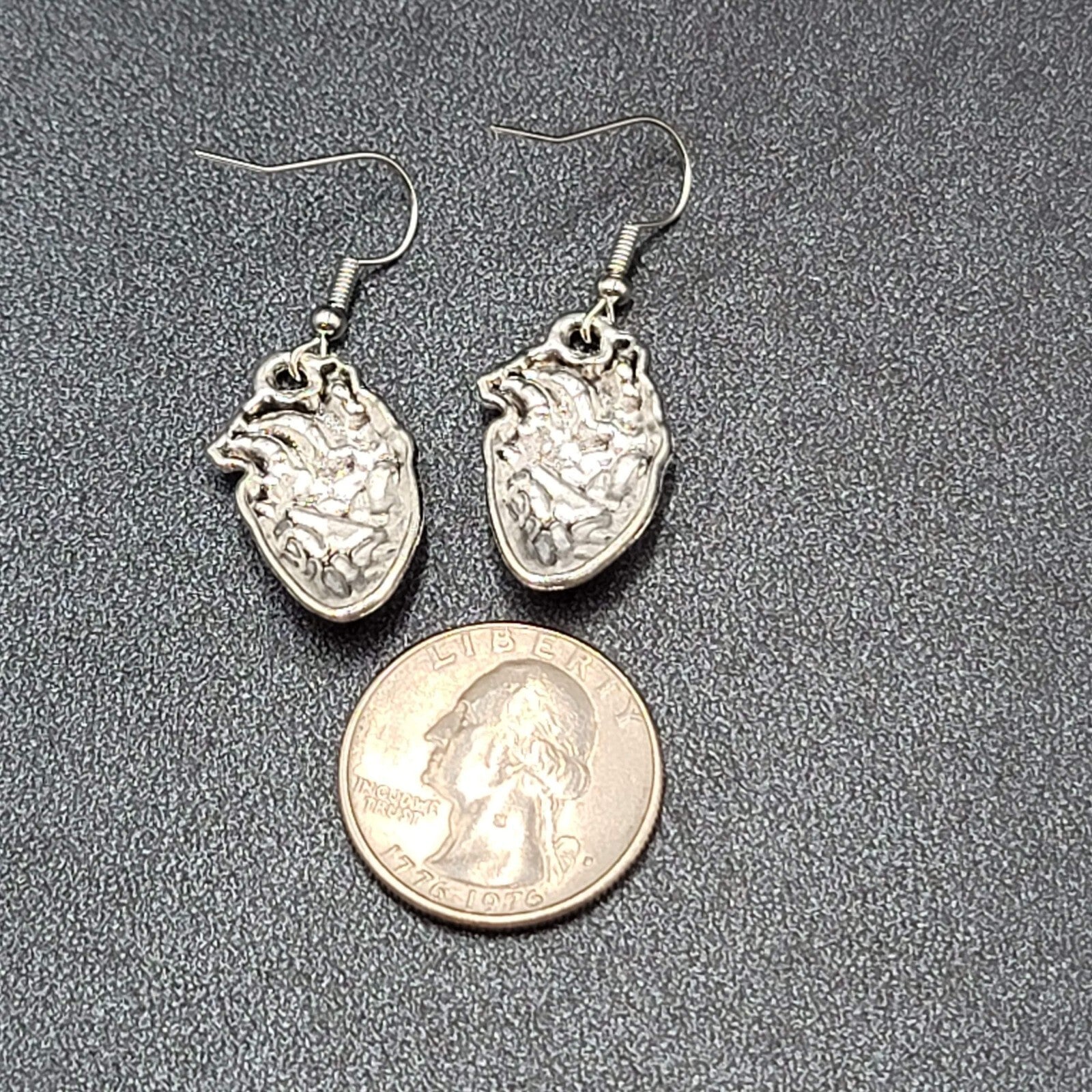 New Anatomical Heart Pierced Earrings Silver tone Red Goth Rock Dangle 1"