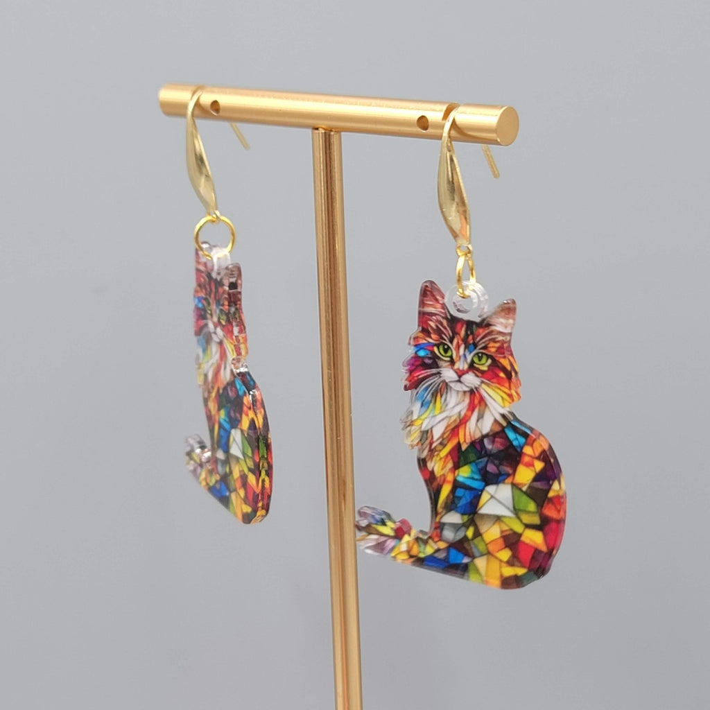 Mosiac Kitty Cat Pierced Earrings Multicolor  Acrylic Dangle Gold tone Hook 1.5"