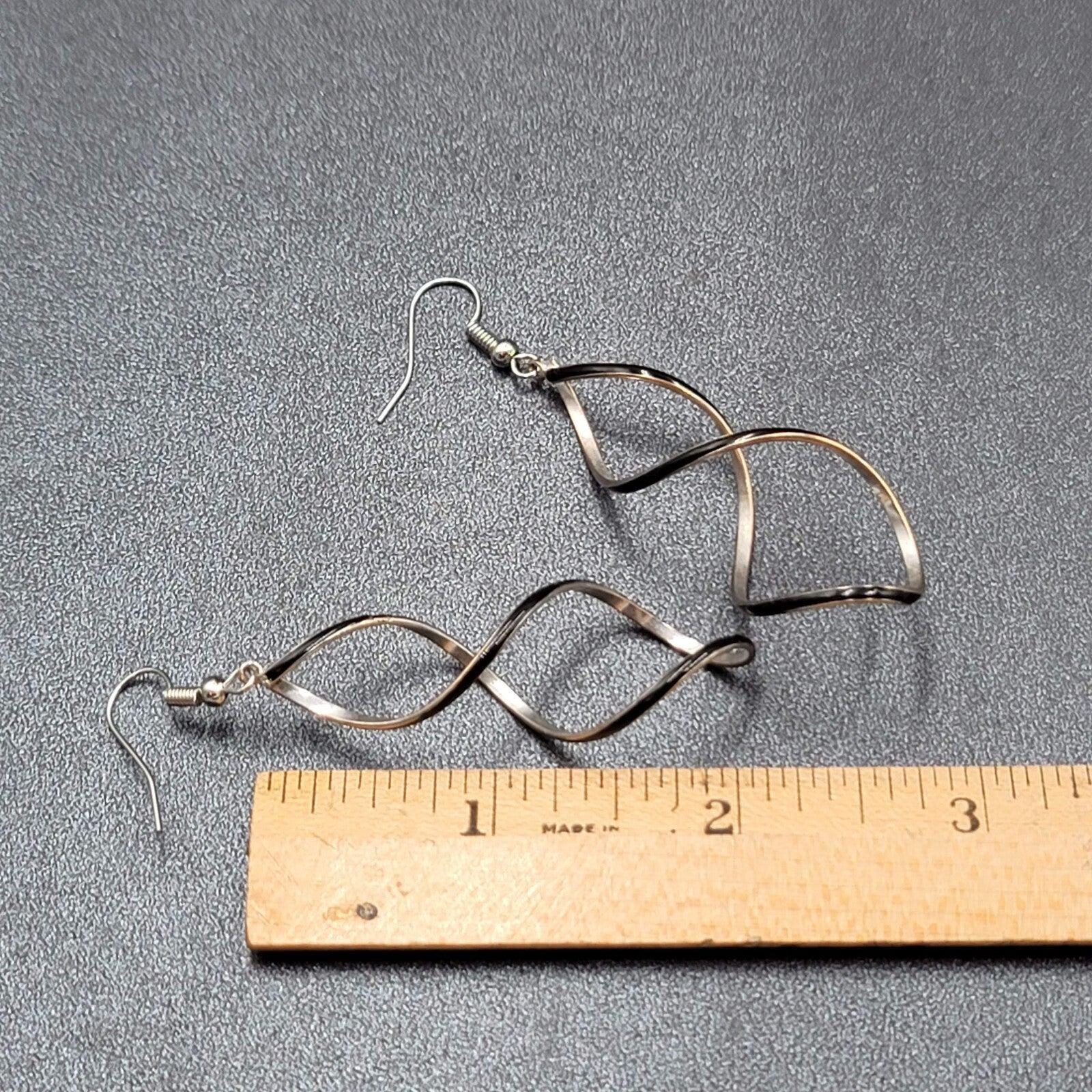 Pierced Earrings Silver tone Twist Black Enamel Long Dangle 2.25"