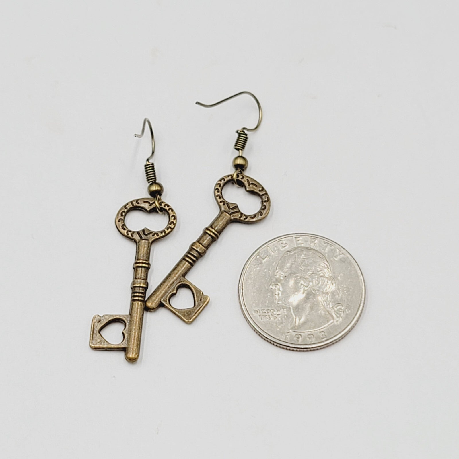 New Heart Skeleton Key Pierced Earrings Bronze tone Dangle 1 3/8"