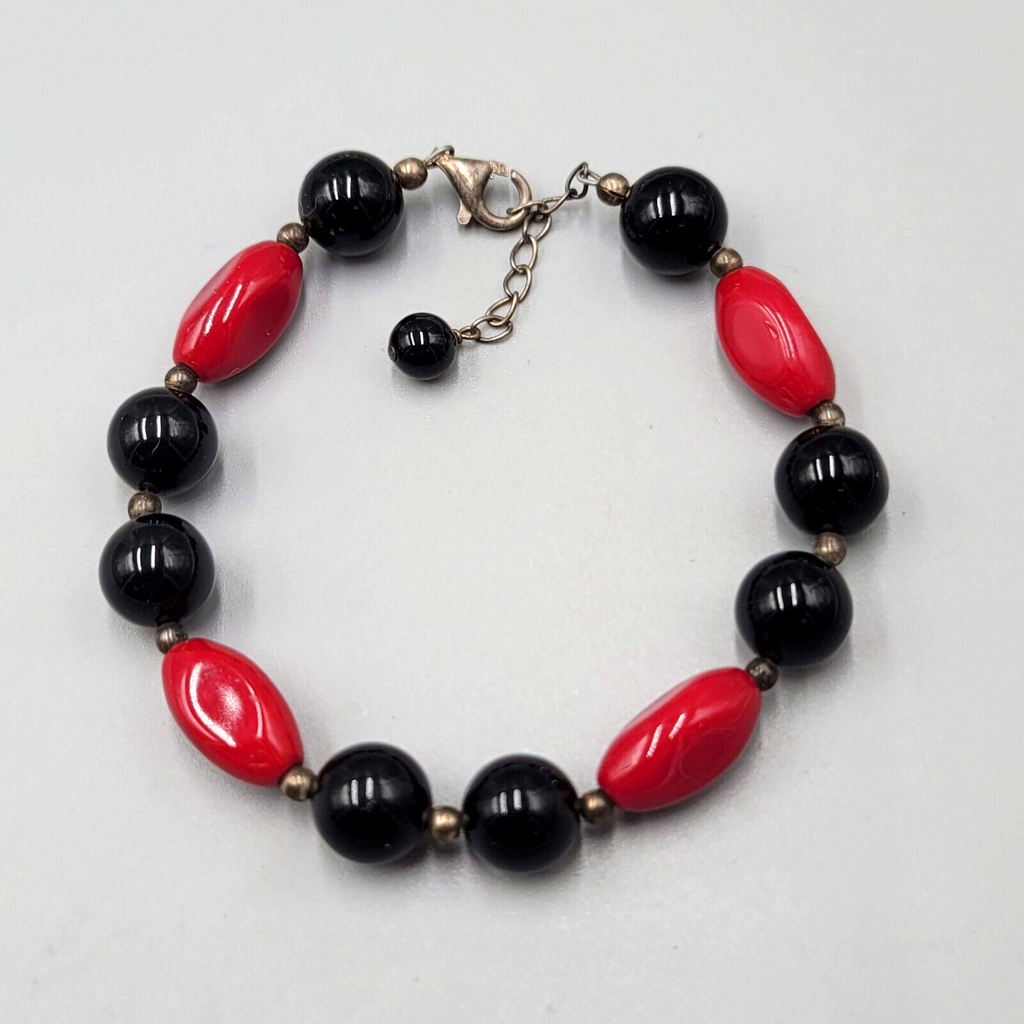 Black and Red Glass Bead Bracelet Sterling Silver 6.5" - 7.5"