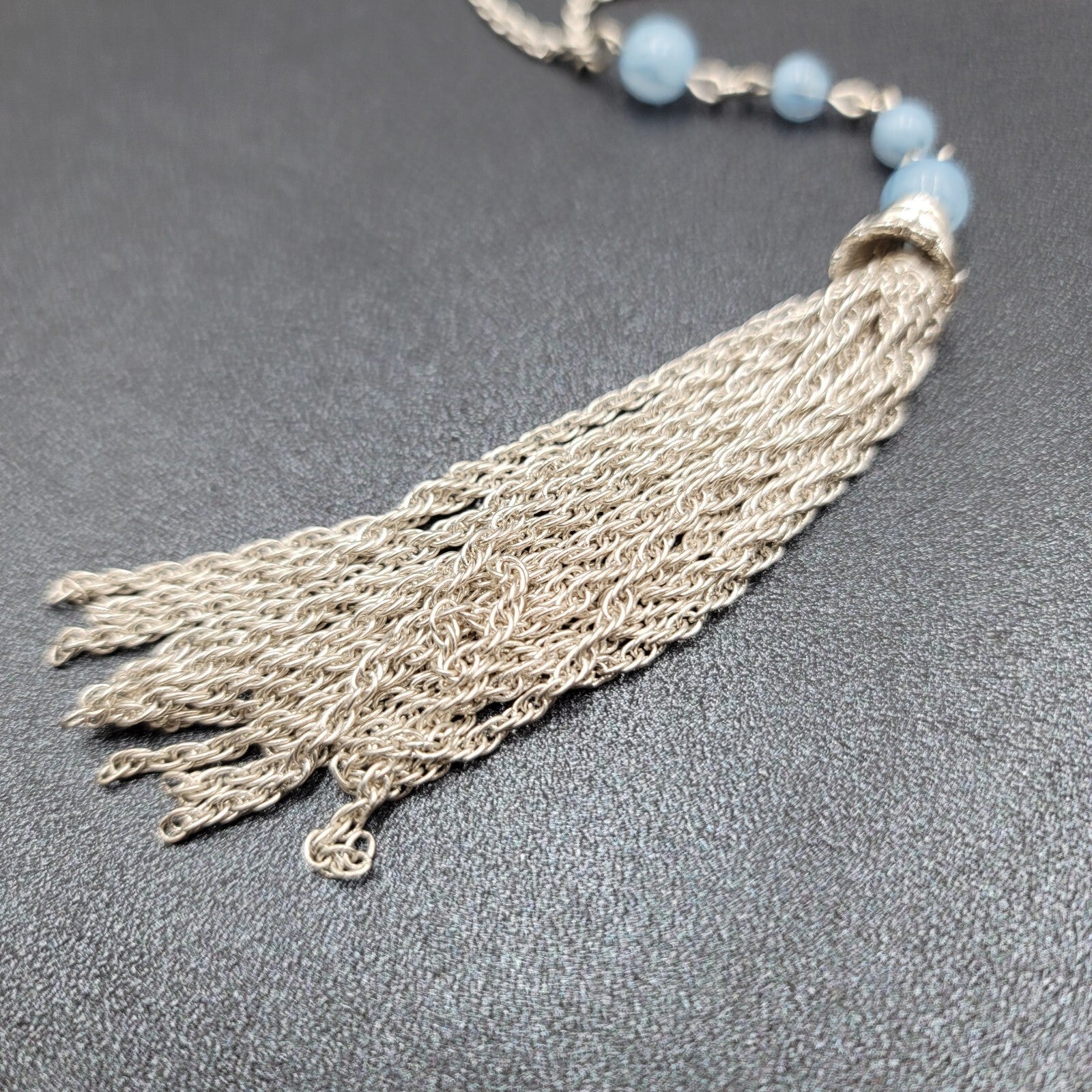 BR Banana Republic Necklace Blue Bead Chain Tassel Pendant Long 30"