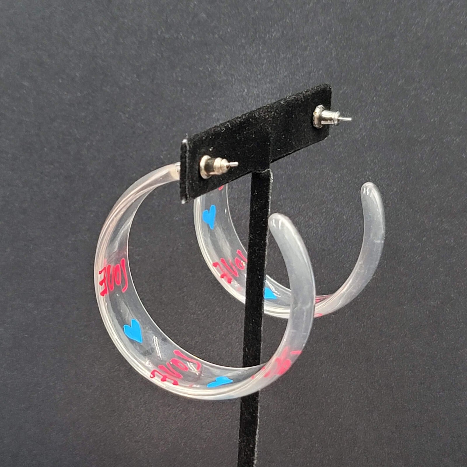 Pierced Earrings Clear Acrylic Large Hoops LOVE HEARTS 2"