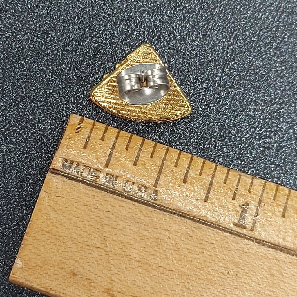 Pierced Earrings Gold tone Black Red Enamel Triangle 3/8"
