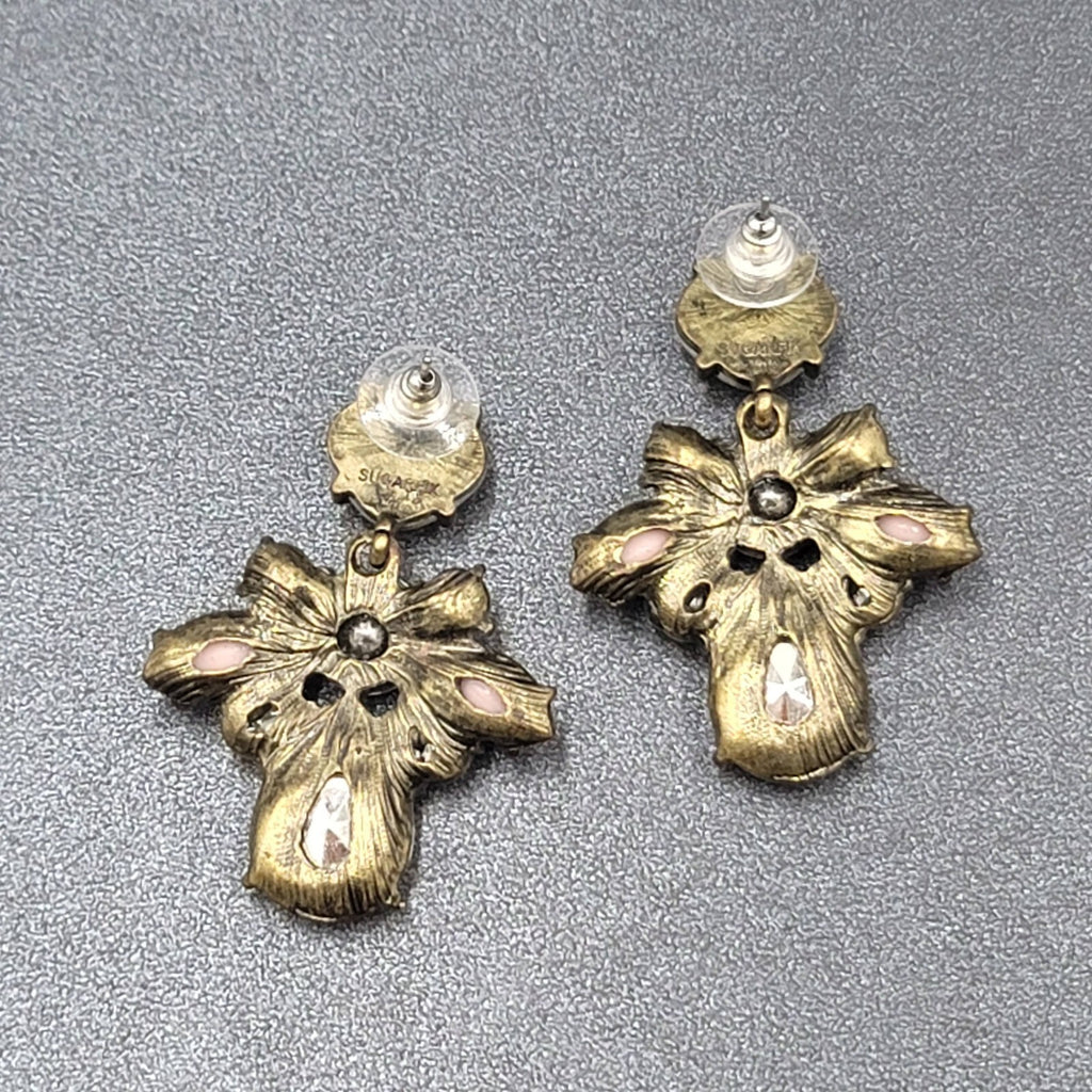 Pierced Earrings Antiqued Gold tone Multicolor Faceted Accent Acrylic 1 7/8"