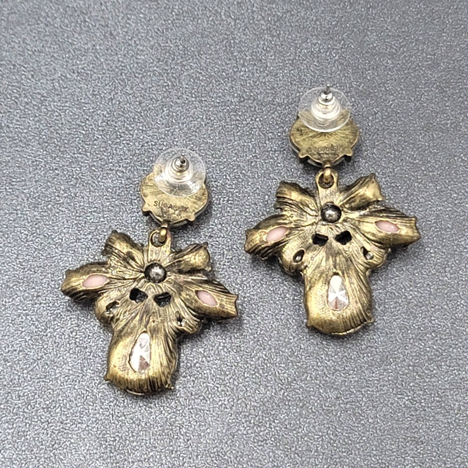 Pierced Earrings Antiqued Gold tone Multicolor Faceted Accent Acrylic 1 7/8"