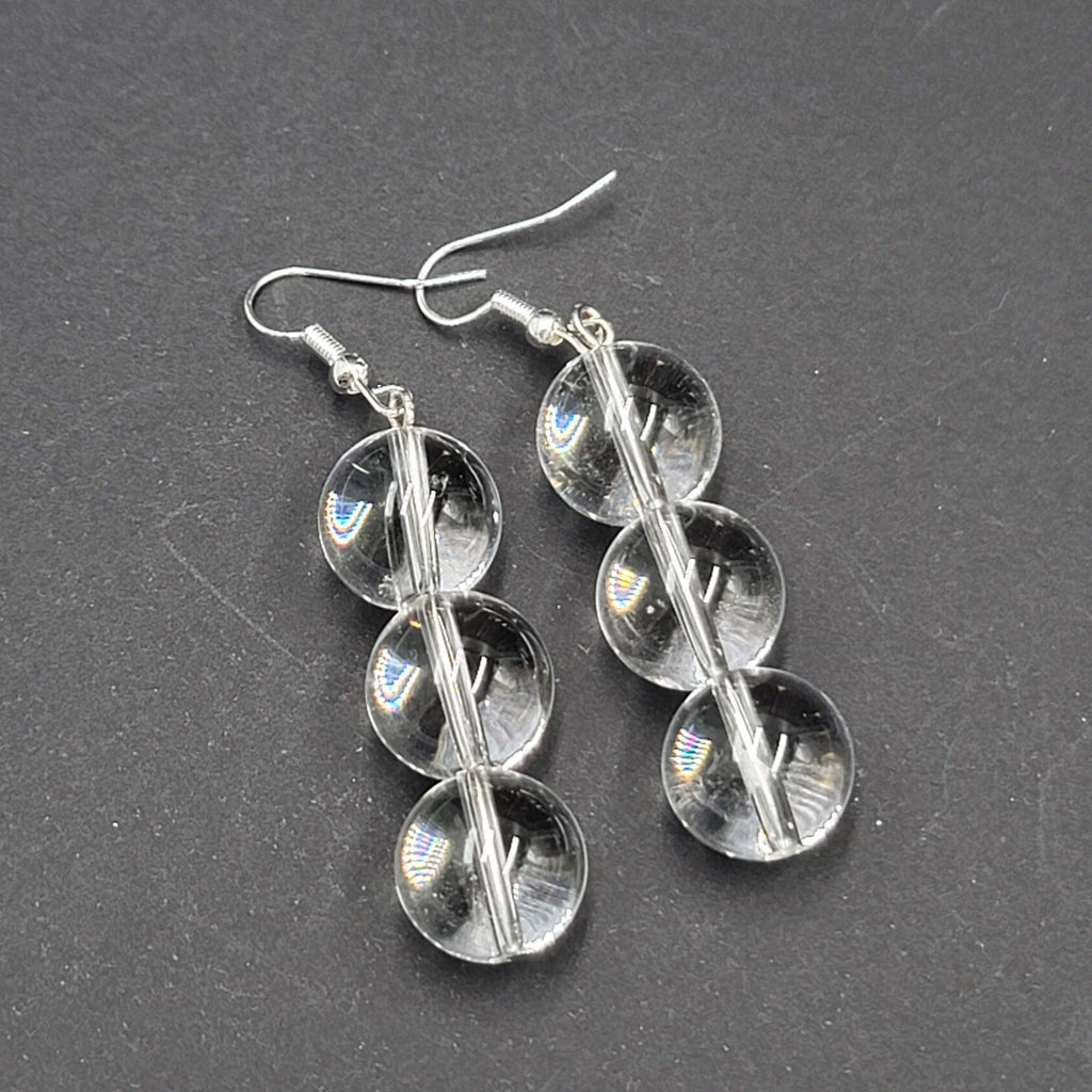 Sphere Glass Bead Dangle Pierced Earrings Silver tone 1.75"