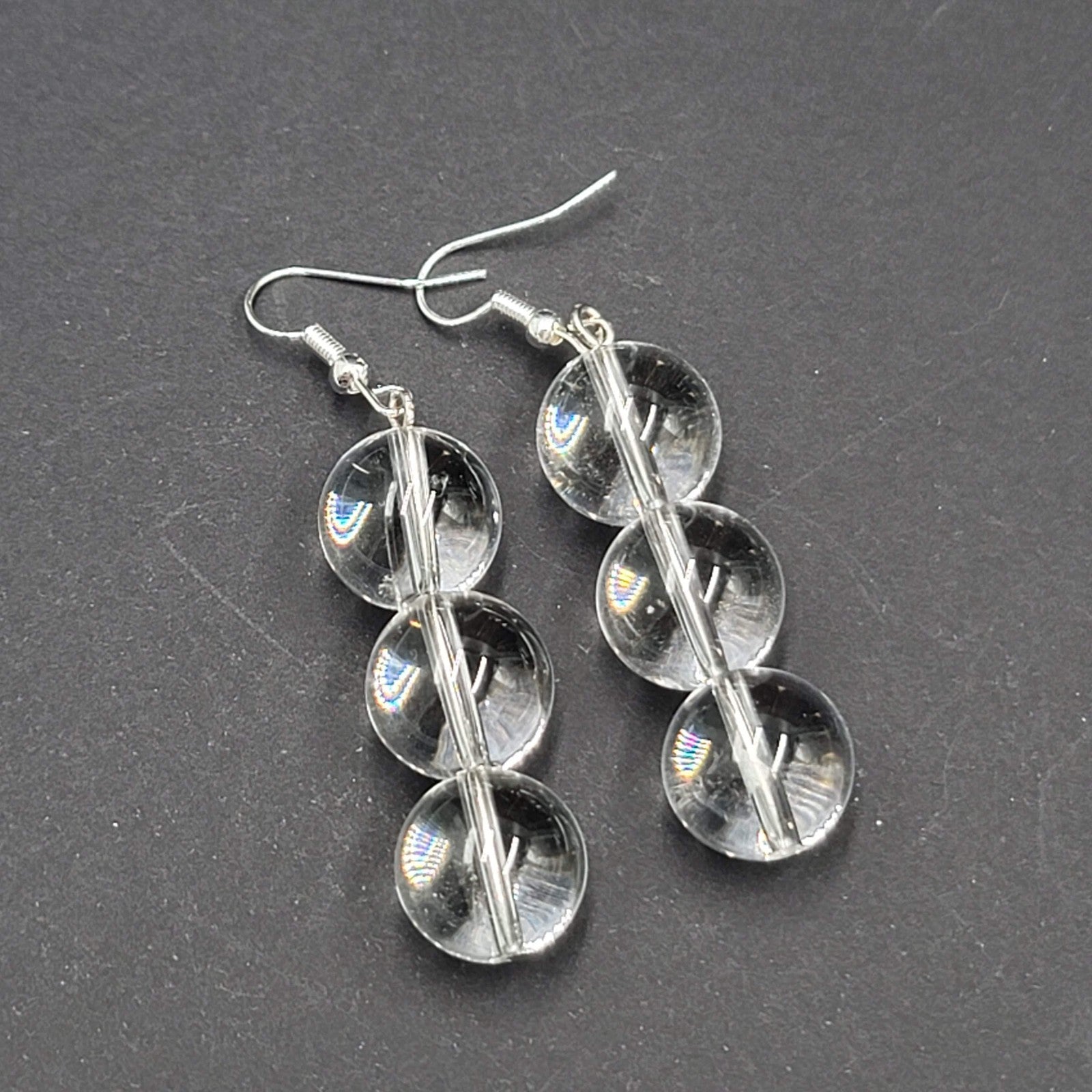 Sphere Glass Bead Dangle Pierced Earrings Silver tone 1.75"