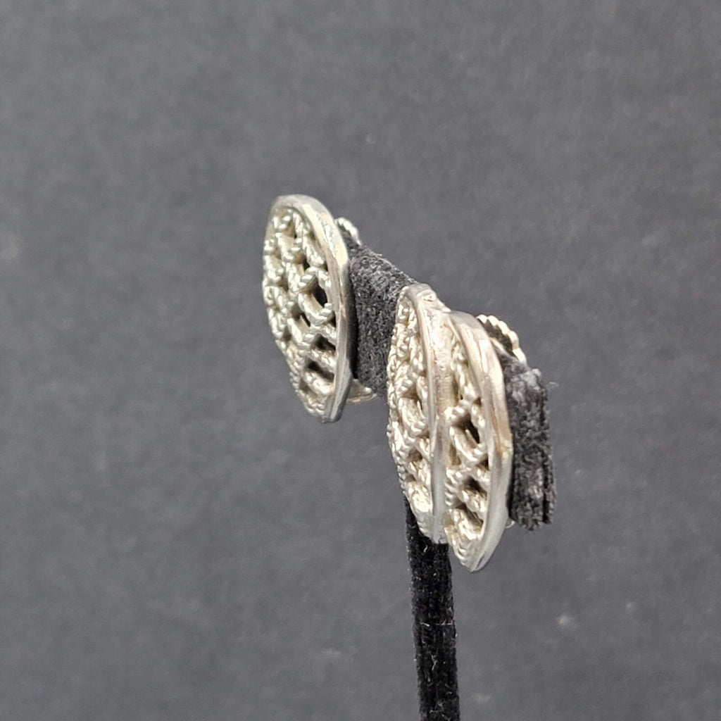 Vintage Clip on Earrings Silver tone Open Work Double Teardrop 1"