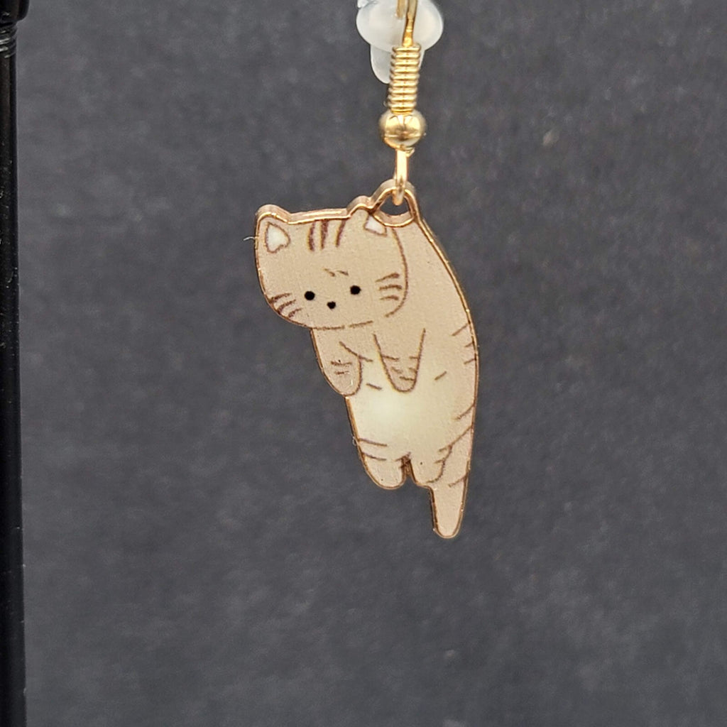 Kitty Cat Pierced Earrings Gray Tabby Kitten Dangle Gold tone 1"