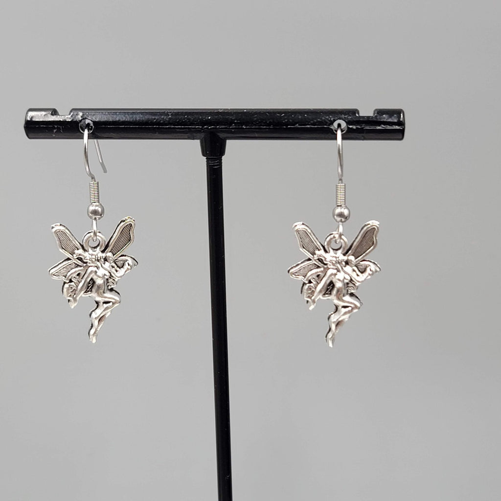 Fairy Pierced Earrings Embossed Silver tone Dangle 3/4"