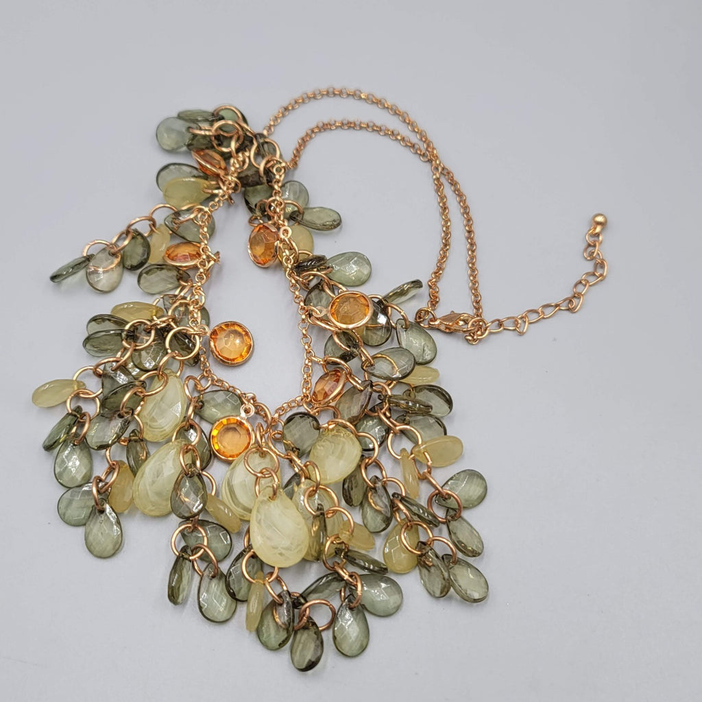 Water Fall Bead Necklace Green Orange Acrylic Beads Gold tone 16"-19"