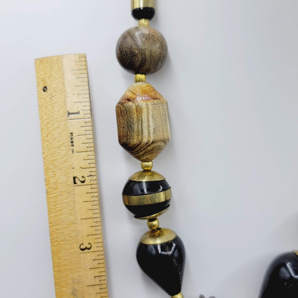 Safari TURTLE Carved Wood Beaded Brass Necklace Vintage 21"