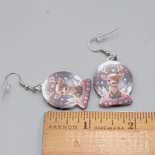 Christmas Snow Globe Reindeer Pierced Earrings Silver tone Dangle 1.25 in