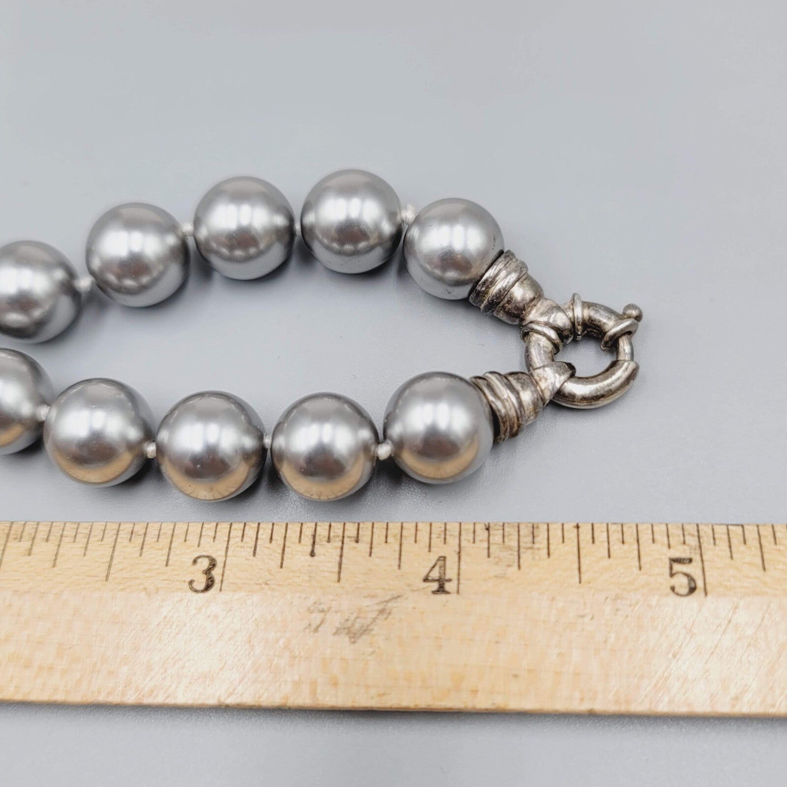 Silver tone Gray Bead Hand Knotted Necklace 12mm Bead 16" Long 