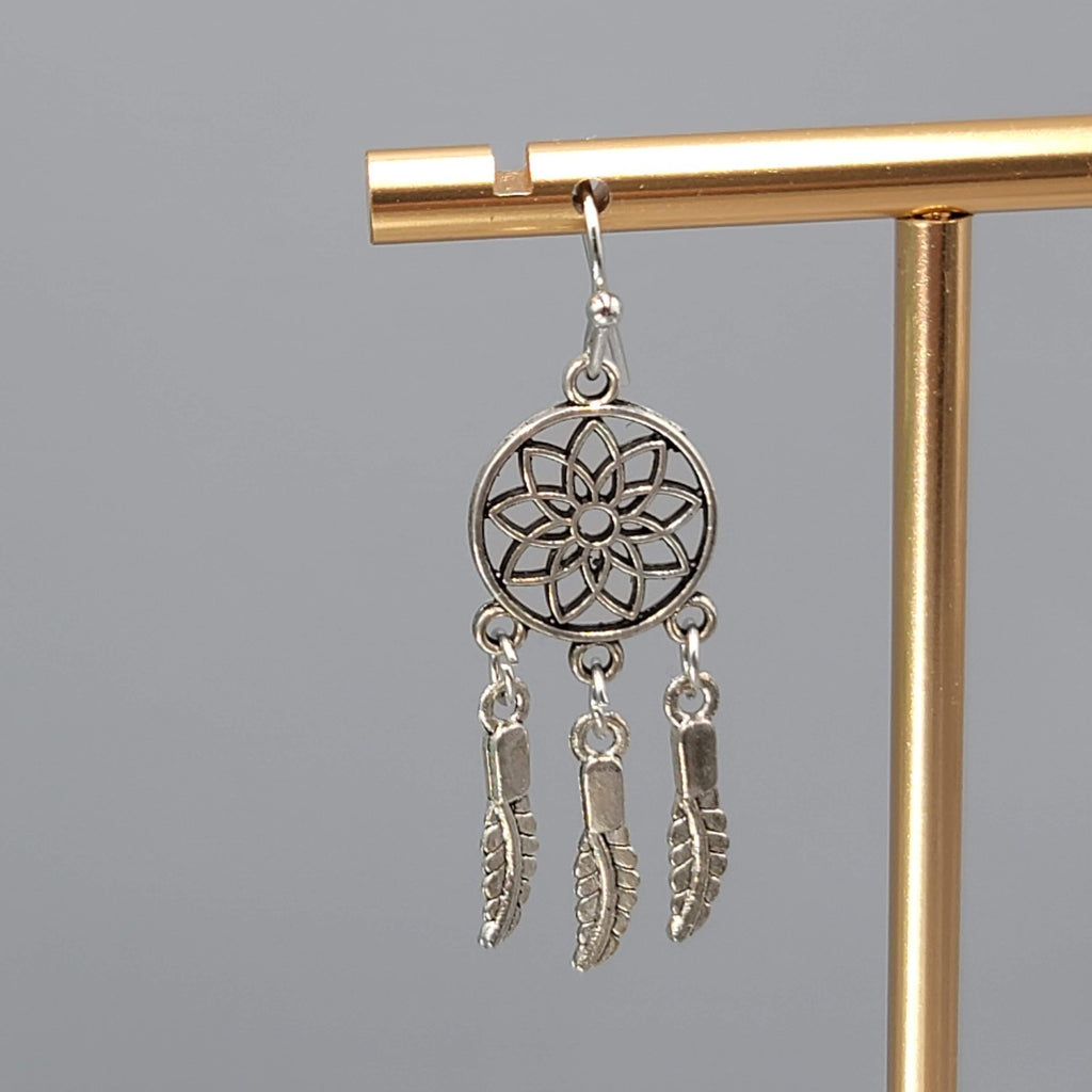 Dream Catcher Feather Pierced Earrings Silver tone Dangle 1.25 in