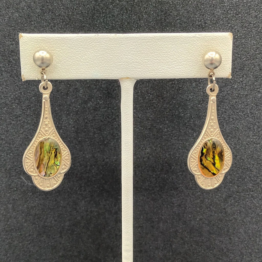 Vintage Pierced Earrings Silver tone Faux Abalone Dangle 1.75"