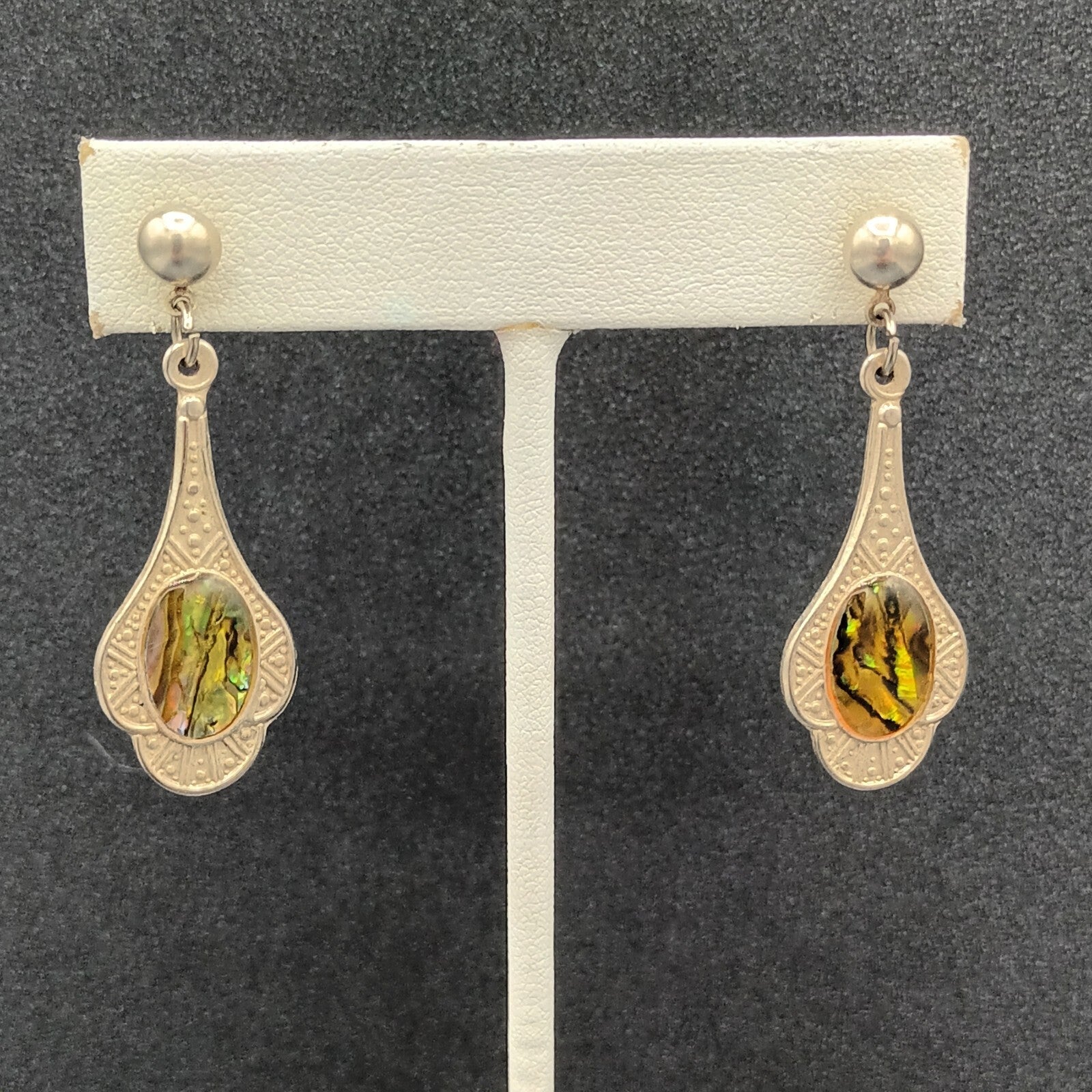 Vintage Pierced Earrings Silver tone Faux Abalone Dangle 1.75"