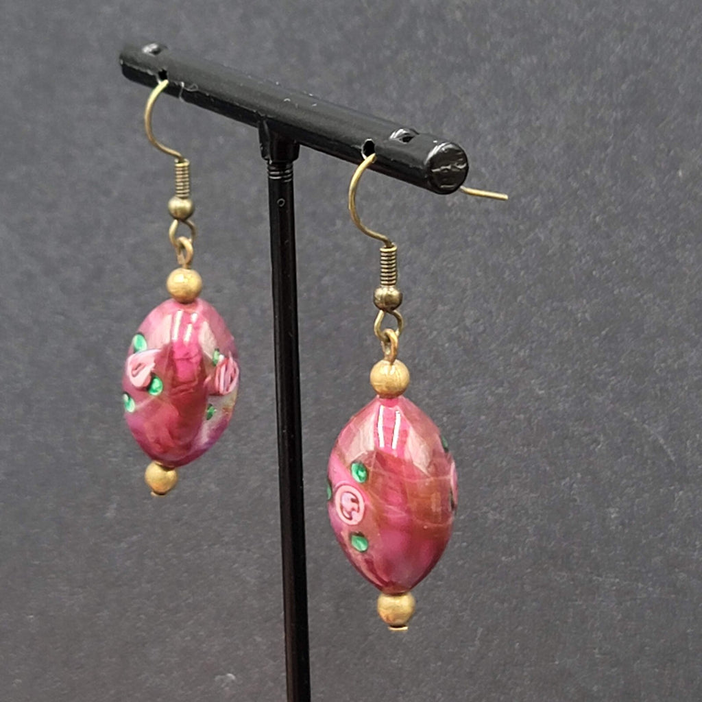 Art Glass Bead Pierced Earrings Bronze tone Pink Flower Dangle 1.25"