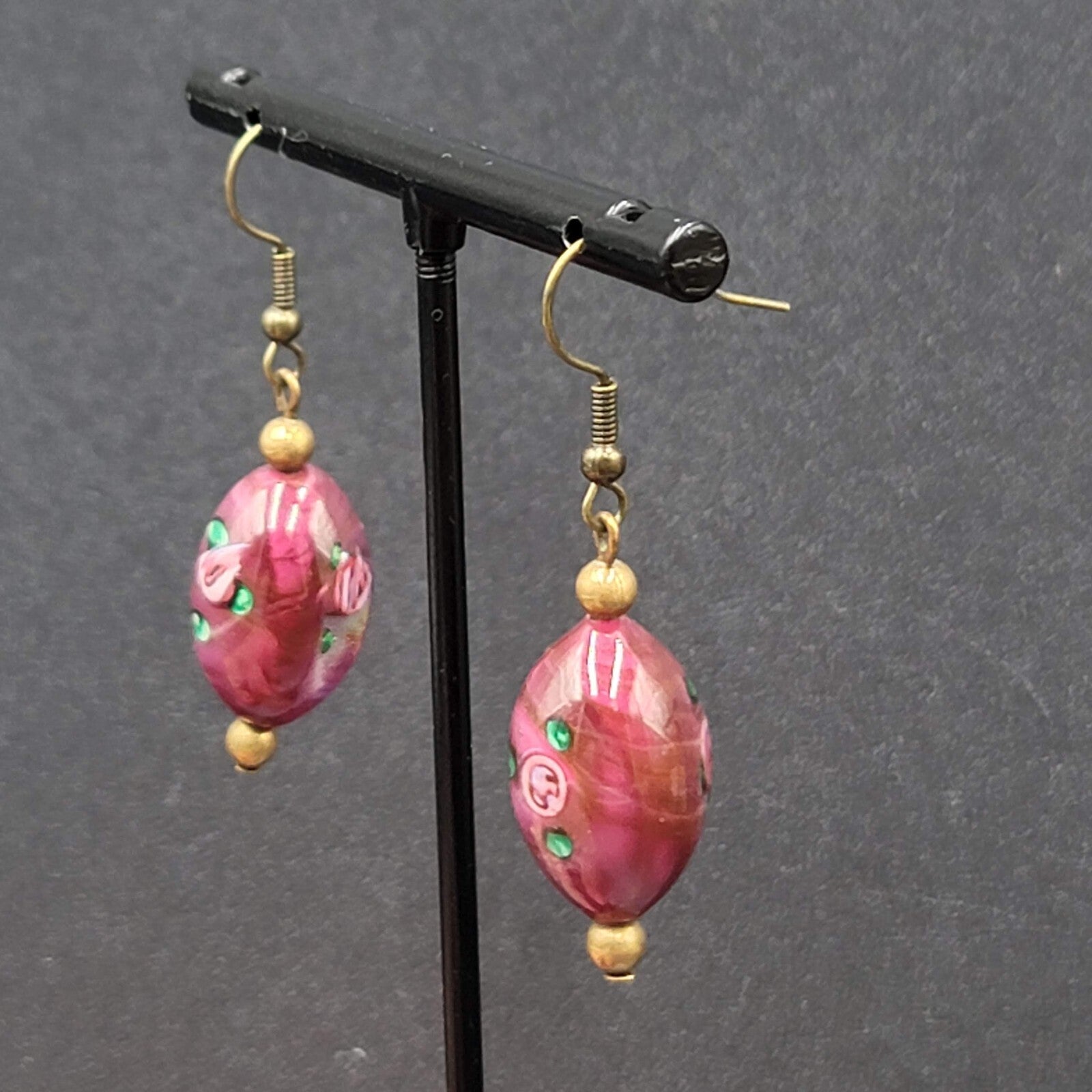Art Glass Bead Pierced Earrings Bronze tone Pink Flower Dangle 1.25"