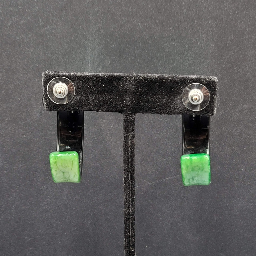 Pierced Earrings Green Black Resin Hoops Artsy 1 5/8"
