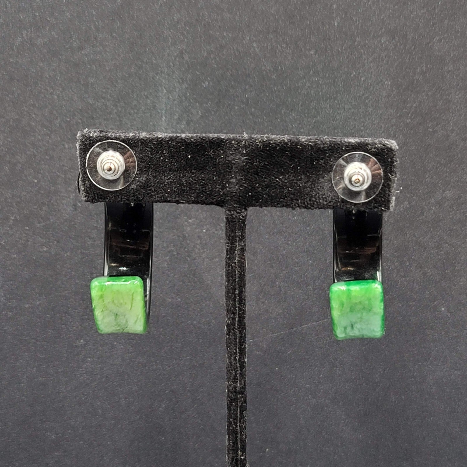 Pierced Earrings Green Black Resin Hoops Artsy 1 5/8"