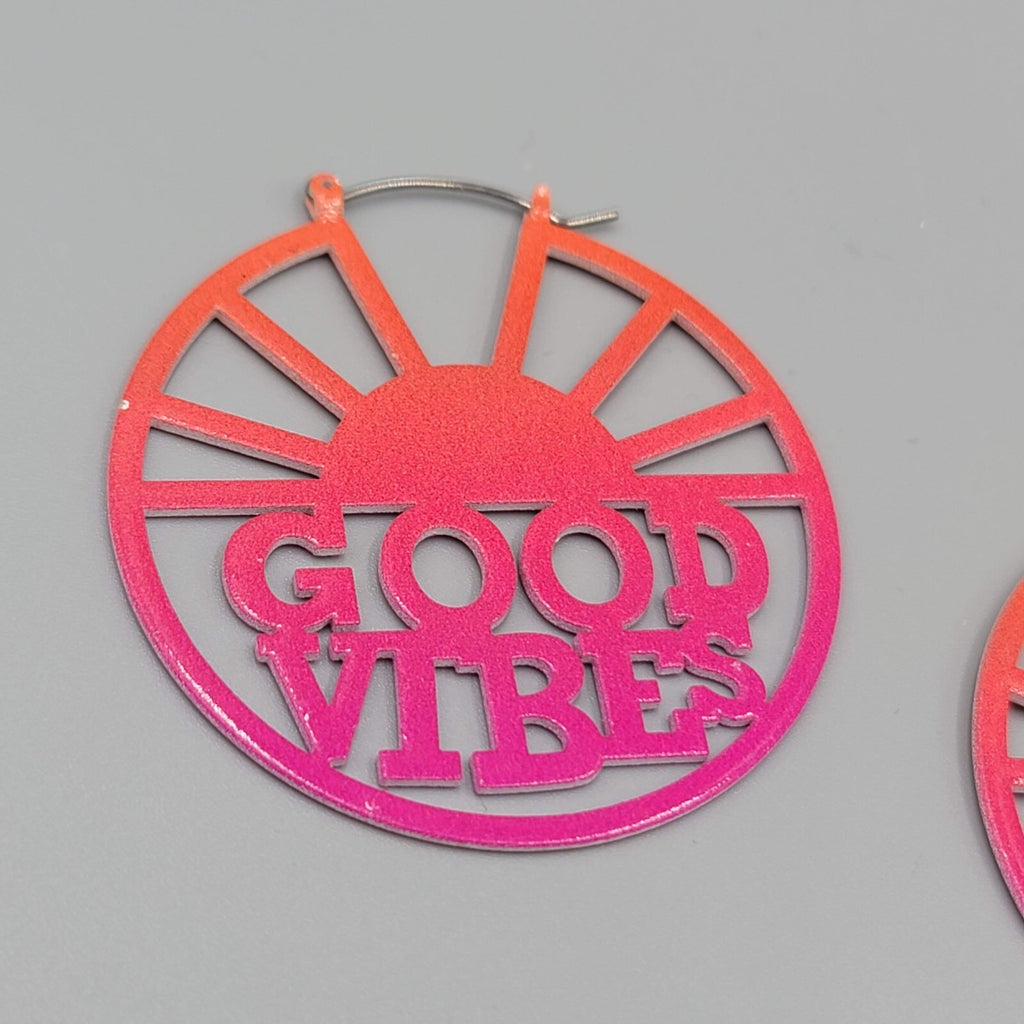 GOOD VIBES Pierced Earrings LARGE Pink Enamel over Metal Hoops 2"