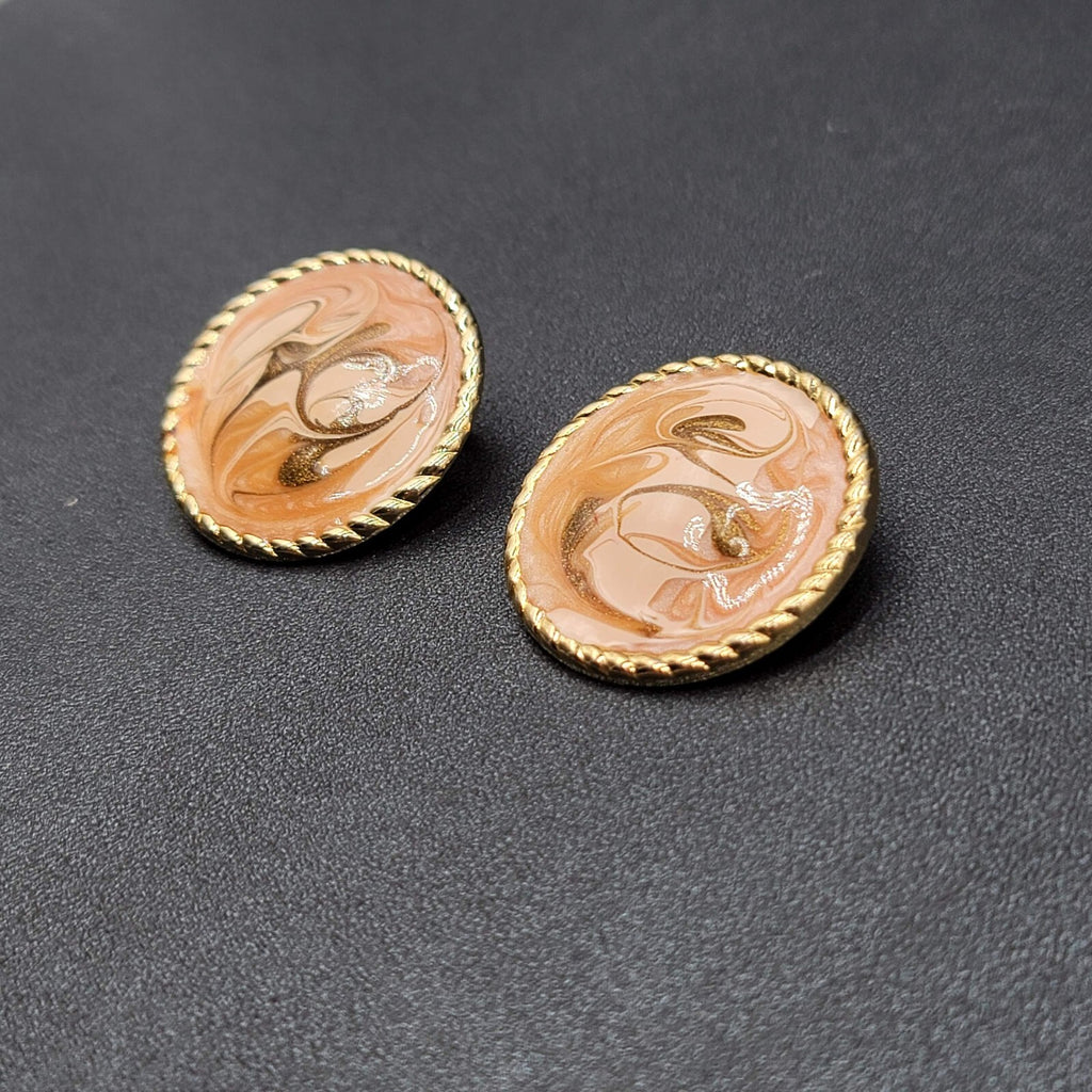 Vintage Clip on Earrings Gold tone Pink Enamel Swirl Round 1.5"