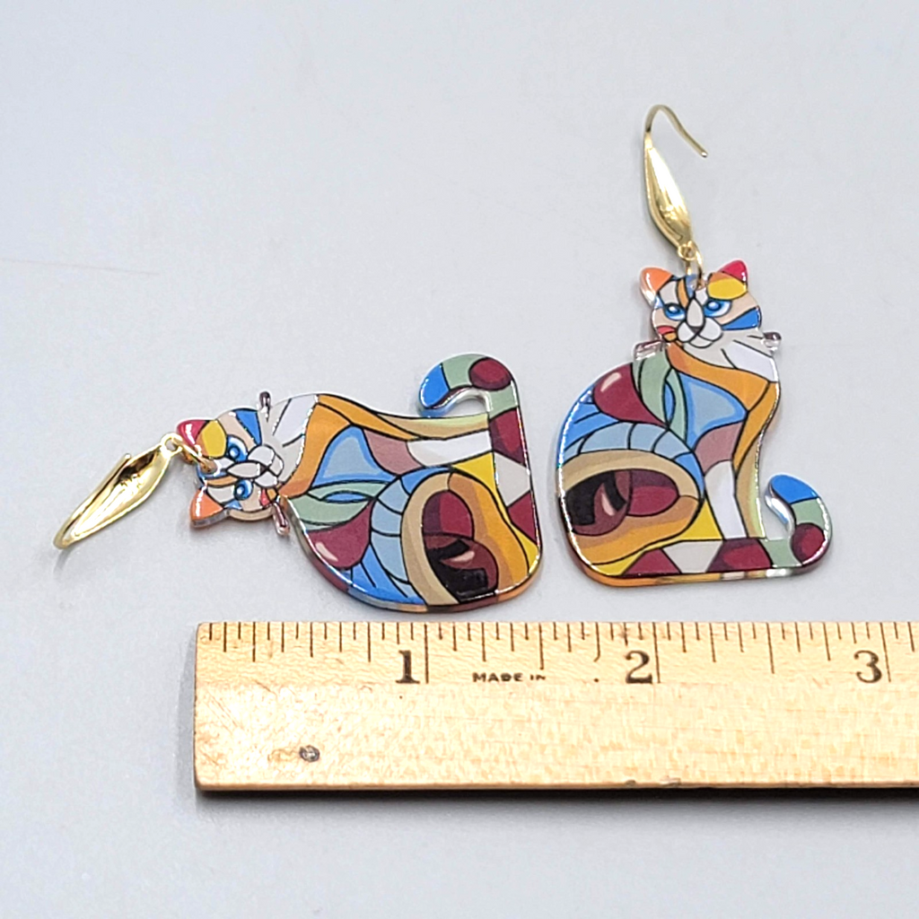 Multicolor Mosiac Kitty Cat Pierced Earrings Acrylic Dangle Gold tone 1.5" long