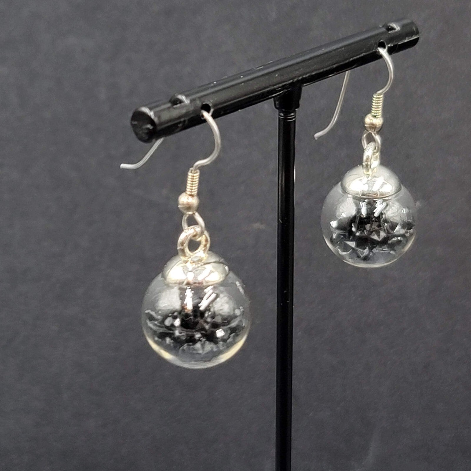 Pierced Earrings Silver tone Loose Black Rhinestones Filled Sphere Dangle 3/4"