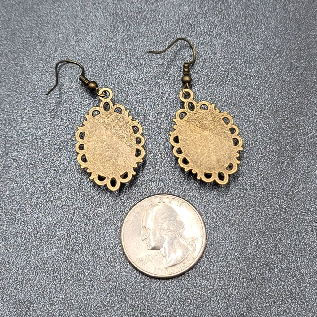 Pierced Earrings Bronze tone Glass Cabochon Updo Ladies Antique Drawings 1.25"