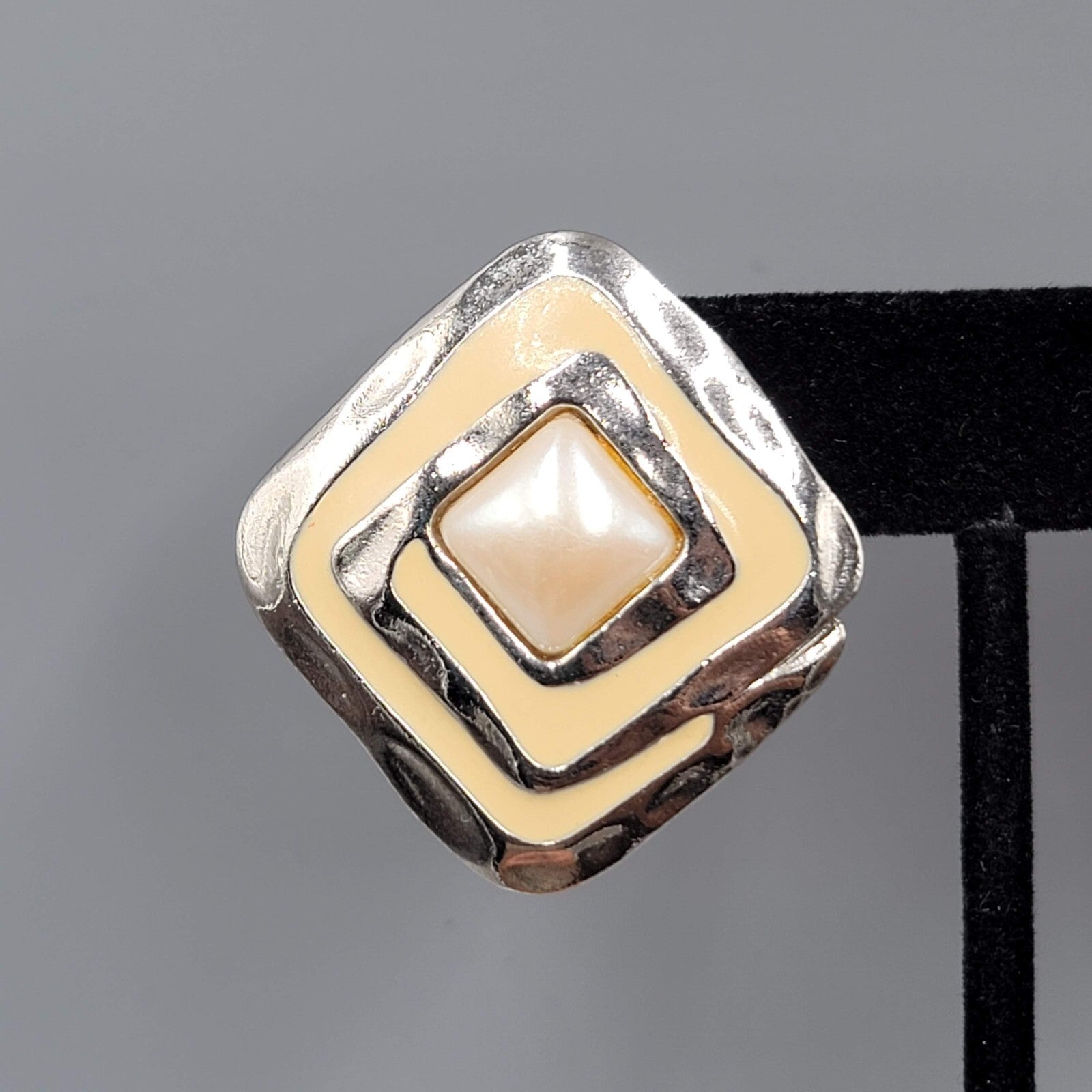 Vintage Pierced Earrings Silver tone Ivory Enamel Drop Square 1 5/8"