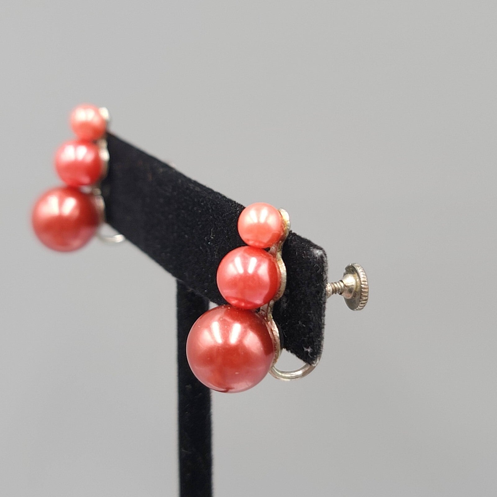 Vintage Clip on Earrings Cranberry Pink Bead Climber 7/8"